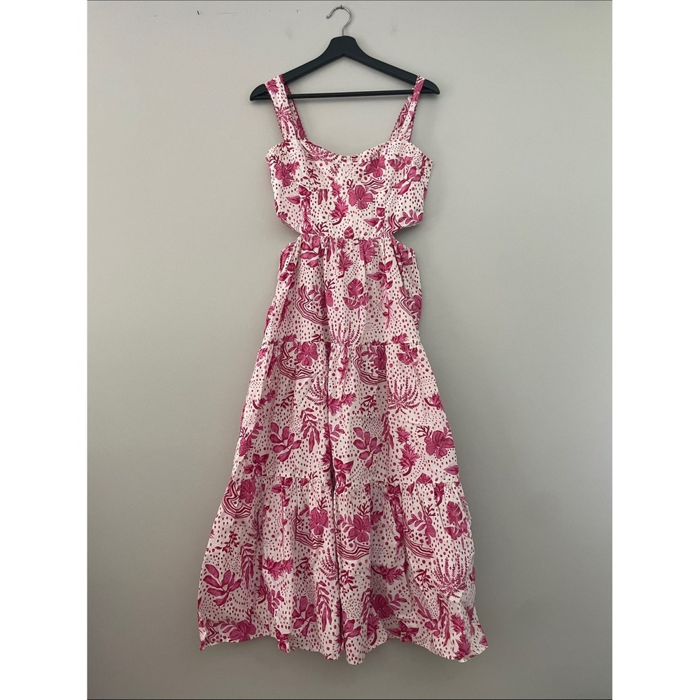 Zara Pink White Floral Botanical Cut-Out Tiered Midi Sundress Small